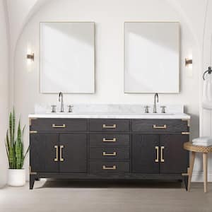 Fossa 72 in W x 22 in D Black Oak Double Bath Vanity, Carrara Marble Top, Faucet Set, and 34 in Mirrors