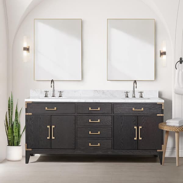 Fossa 72 in W x 22 in D Black Oak Double Bath Vanity, Carrara Marble Top, Faucet Set, and 34 in Mirrors