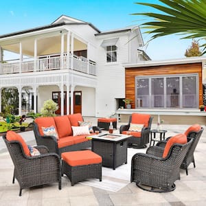 Oreille Brown 9-Piece Wicker Outdoor Firepit Patio Conversation Sofa Set with Swivel Rockers and Orange Red Cushions