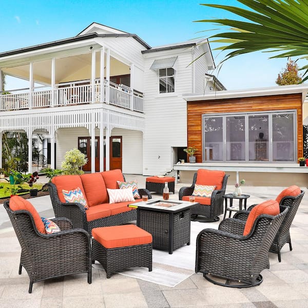 HOOOWOOO Oreille Brown 9-Piece Wicker Outdoor Firepit Patio Conversation Sofa Set with Swivel Rockers and Orange Red Cushions