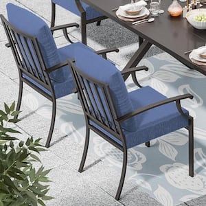 Brown Patio Metal Outdoor Dining/Side/Restaurant Chairs with Modern, Curved Armrests and Navy Blue Cushions (2-Pack)