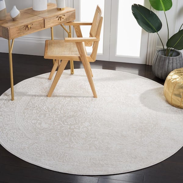 Reflection Cream/Ivory Doormat 3 ft. x 3 ft. Medallion Border Round Area Rug