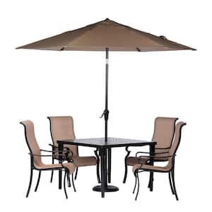 Brigantine 5-Piece Aluminum Outdoor Dining Set with 4 Sling Chairs, Square Cast-Top Table, 9 ft. Umbrella and Base