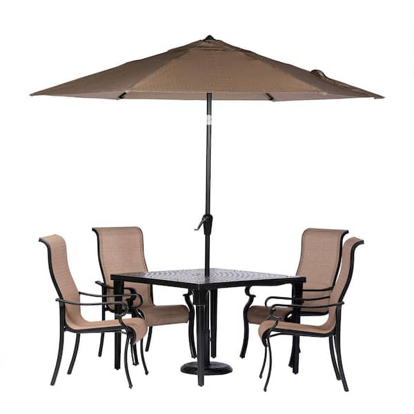 Hanover Brigantine 5-Piece Aluminum Outdoor Dining Set with 4 Sling Chairs, Square Cast-Top Table, 9 ft. Umbrella and Base