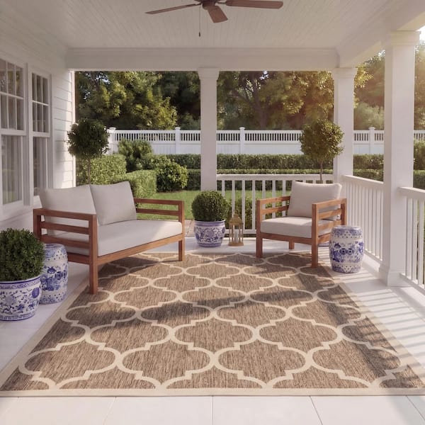 Courtyard Brown/Bone 8 ft. x 11 ft. Geometric Indoor/Outdoor Patio Area Rug