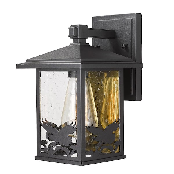 JAZAVA 10.2 in. Black Outdoor Hardwired Wall Lantern Sconce Decorative Eagle Pattern Seeded Glass with No Bulbs Included