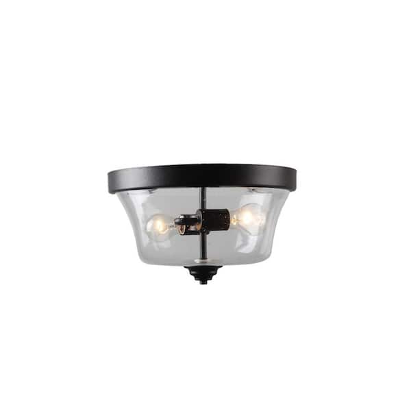 Shyloh 13.75 in. 2-Light Black Flush Mount with Clear Seeded Glass Shades