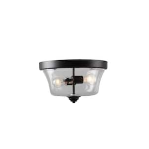 Shyloh 13.75 in. 2-Light Black Flush Mount with Clear Seeded Glass Shades