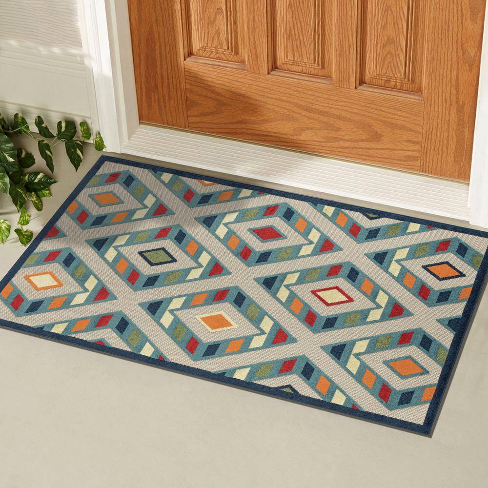 Reversible Rectangular Blue Geometric Easy-Care Area Rug