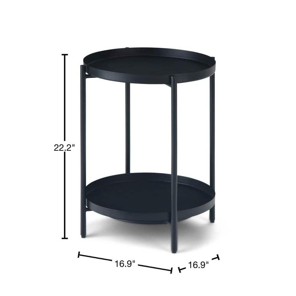 Monet Industrial Round Black Metal End Table with Removable Trays