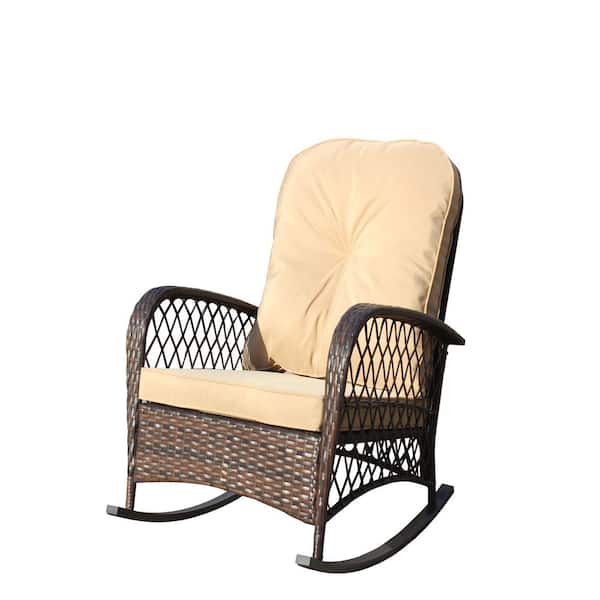 Unbranded Elegant Wicker Outdoor Rocking Chair with Brown Cushion-Comfortable and Durable Patio Rocker