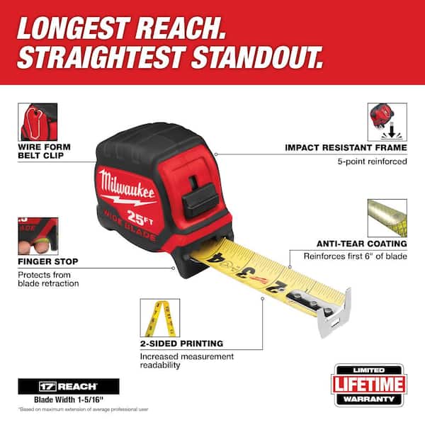 Milwaukee 25 ft. x 1-5/16 in. Wide Blade Tape Measure with 17 ft. Reach  48-22-0225 The Home Depot