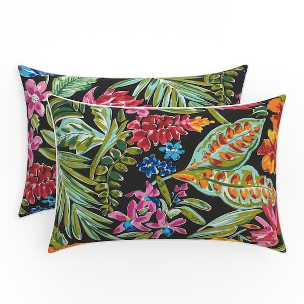 Tropic Floral 18.5 in W x 5 in H Outdoor Lumbar Throw Pillows 2-Count in Island Black