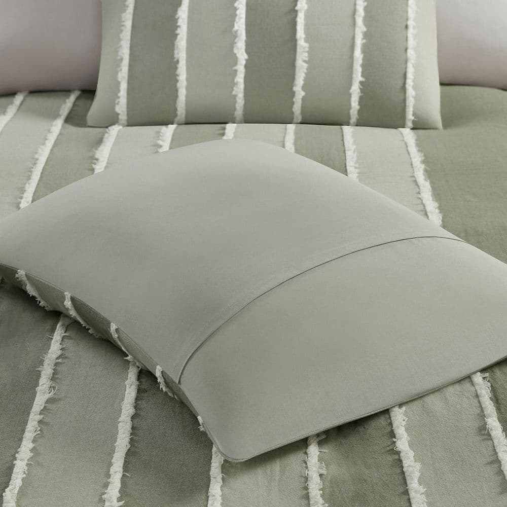 Sage Green Cotton Striped Queen Duvet Cover Set