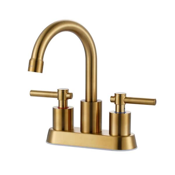 4 in. Centerset Stainless Steel Double Handle Bathroom Faucet with Drain Kit and Supply Lines Included in Brushed Gold
