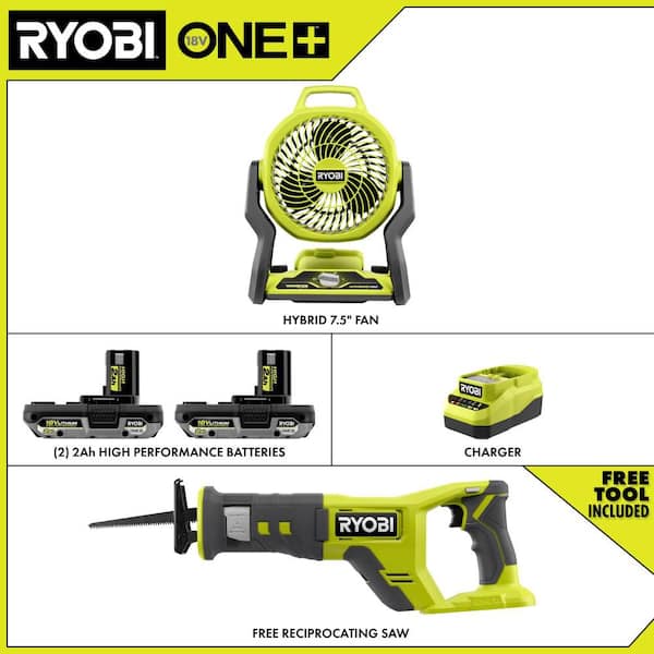 ONE+ 18V Cordless Hybrid 7.5 in. Fan Kit w/ (2) 2Ah Batteries, Charger, w/ FREE ONE+ 18V Cordless Reciprocating Saw