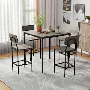 5-Piece Square Grey Wood Industrial Dining Table Set with Counter Height Table and 4 Bar Stools Black