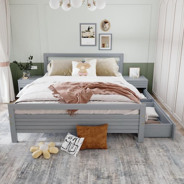 Qualler Gray Wooden Frame Queen Size Platform Bed with 2-Beside Tables and 2-Drawers