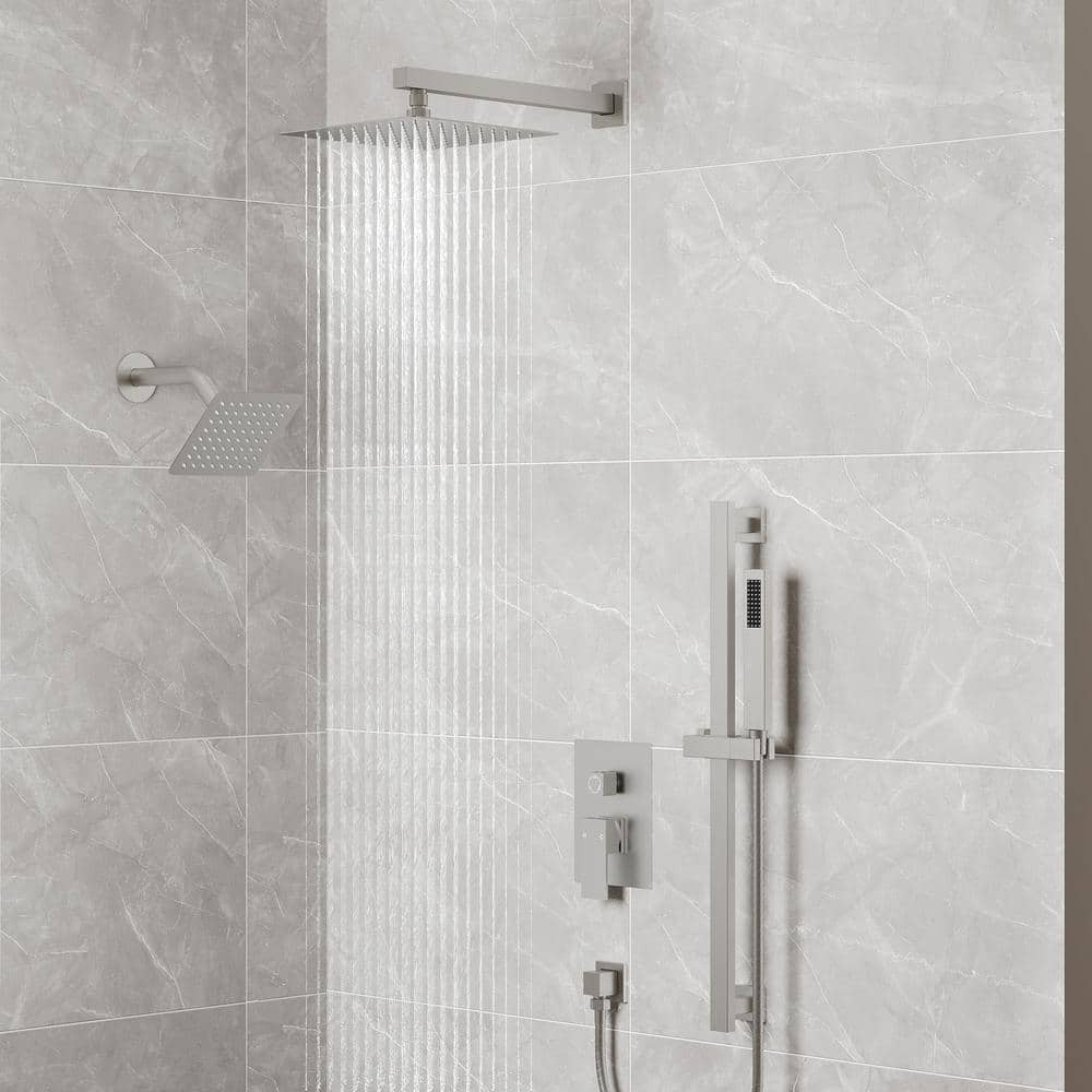 Brushed Nickel Dual Rainfall Shower System with Handheld Spray