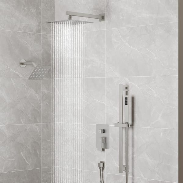 3-Spray Patterns 2.5 GPM 10 and 6 in. Dual Shower Head Wall Mount Fixed Shower Head with Handheld In Brushed Nickel