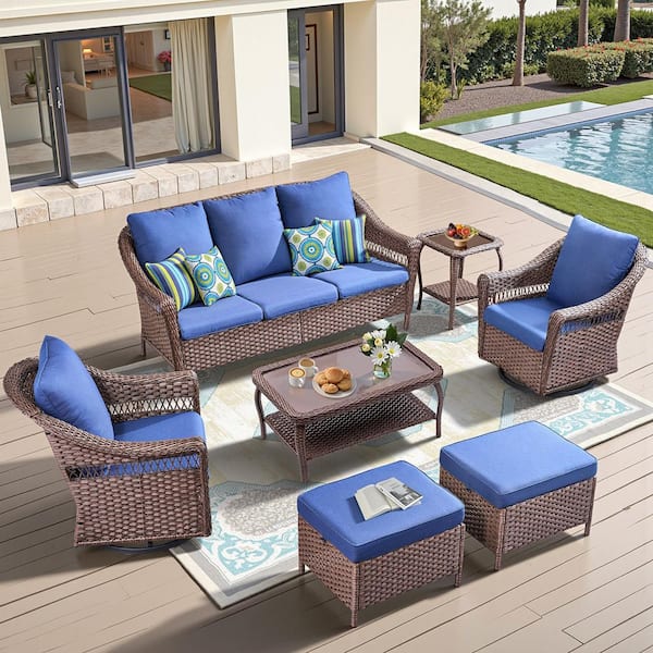 7-Piece Brown Swivel Glider Wicker Patio Conversation Set with Storage, Outdoor Sofa Couch Set with Blue Cushions