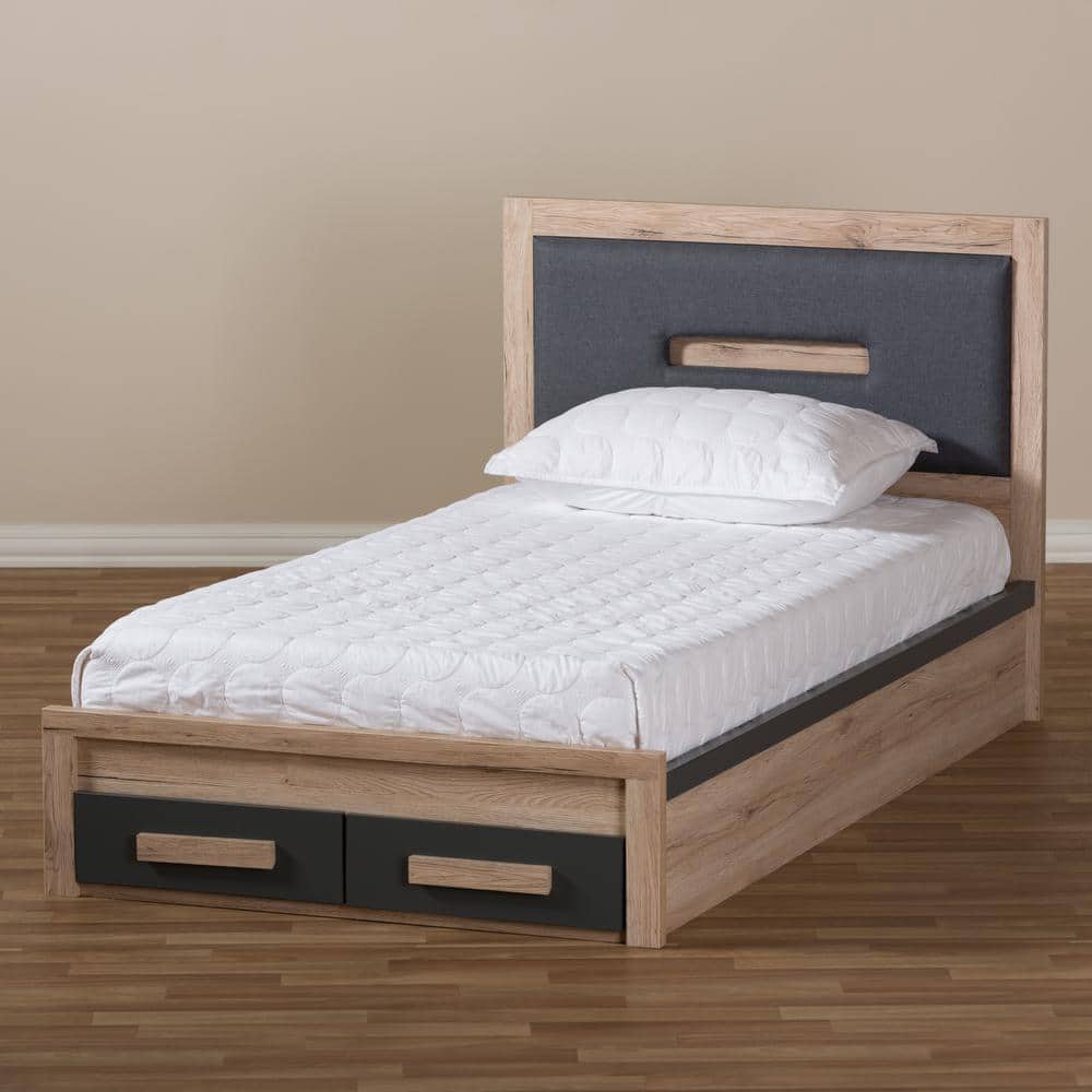 Twin Dark Gray and Light Brown Upholstered Storage Bed with Drawers