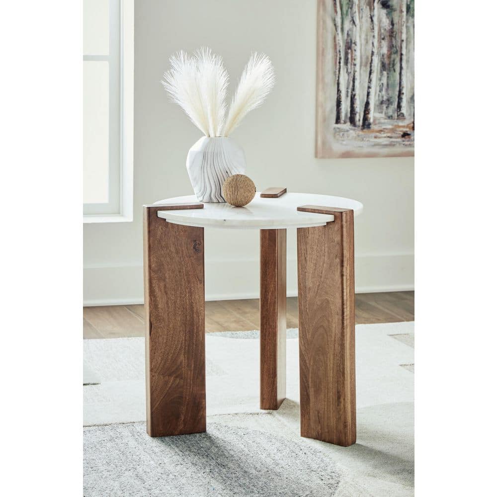 Round White Marble and Brown Wood End Table