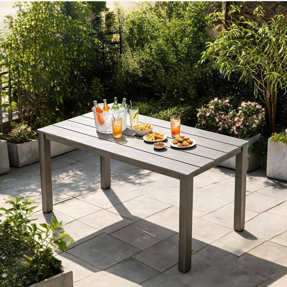 Seats 4 Outdoor Dining Table with Umbrella Hole Soft Gray HIPS 68.9 Inch Rectangular Patio Table Simple Modern