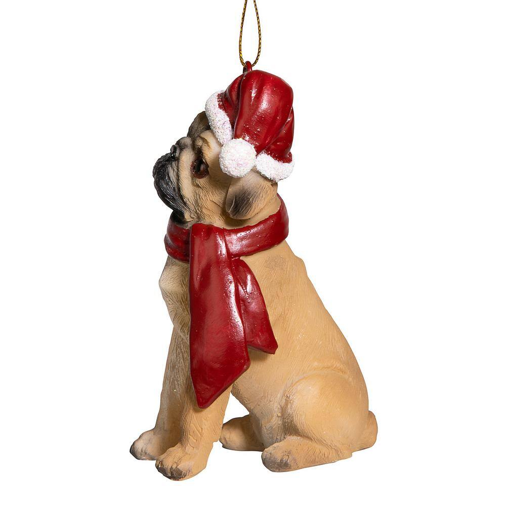 Festive Pug Dog Ornament with Santa Hat and Scarf