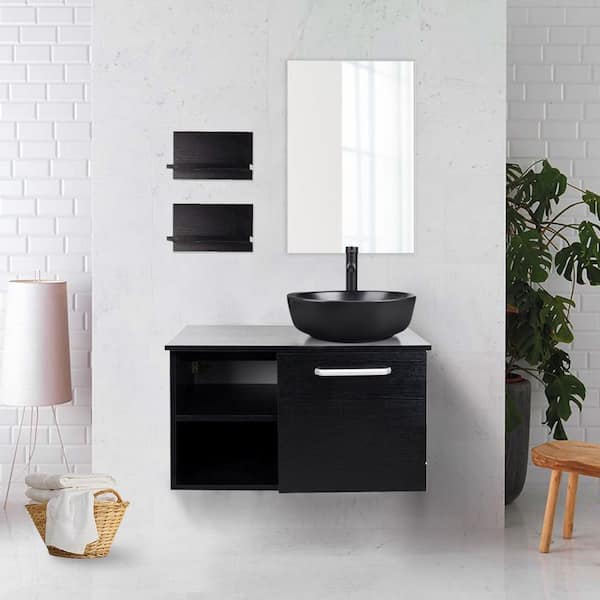 Puluomis 28 in. W x 19 in. D x 16 in. H Single Sink Bath Vanity in Black with Black Solid Surface Top and Mirror