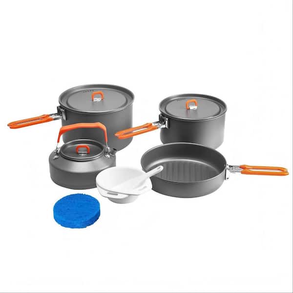 4-Pack Camping Cookware, Outdoor Cookware Set with Pots, Kettle, Saucepans and Spatula for Hiking Fishing Picnic