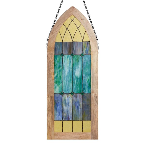 River of Goods Cathedral Aqua and Yellow Stained Glass Window Panel