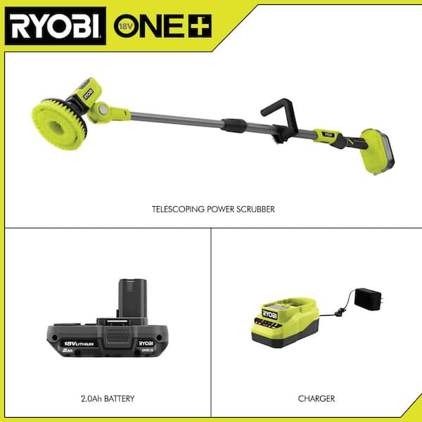 RYOBI ONE+ 18V Cordless Telescoping Power Scrubber Kit with 2.0 Ah Battery  and Charger and 8 in. Hard Bristle Brush P4500K-A95HB81 - The Home Depot