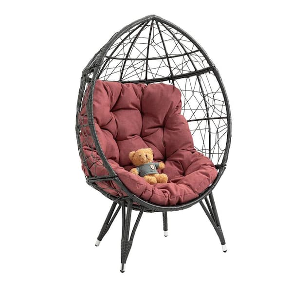 Afoxsos Brown Basket Wicker Outdoor Egg Lounge Chair with Khaki Cushion