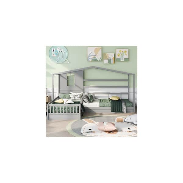 Gray Twin Daybed with Fence and Slatted Frame