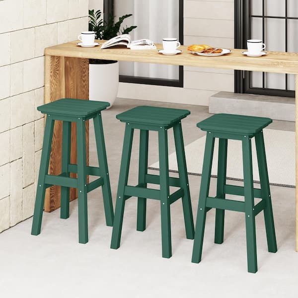 Laguna 29 in. HDPE Plastic All Weather Backless Square Seat Bar Height Outdoor Bar Stool in Dark Green, (Set of 3)