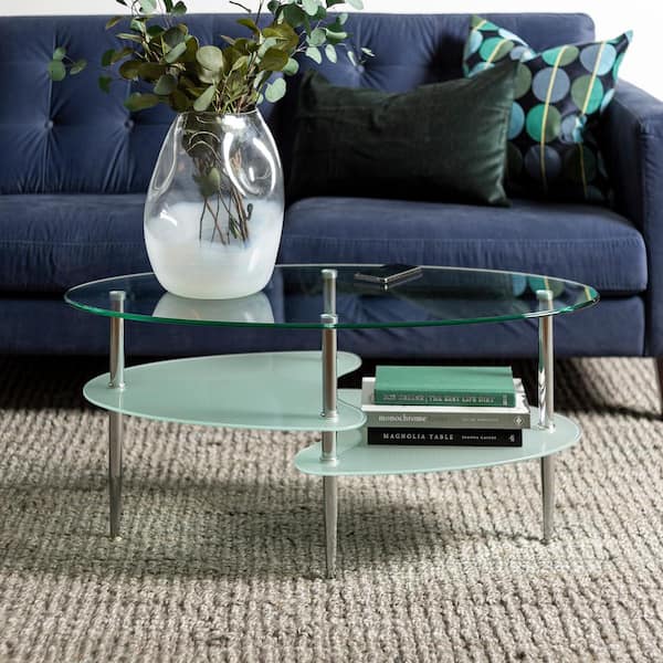 Walker Edison Furniture Company Mid 38 in. Silver Medium Oval Glass Coffee Table with Shelf