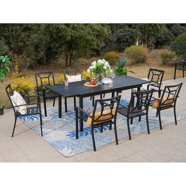 PHI VILLA Black 9-Piece Metal Outdoor Patio Dining Set with Extendable Table and Fancy Stackable Chairs