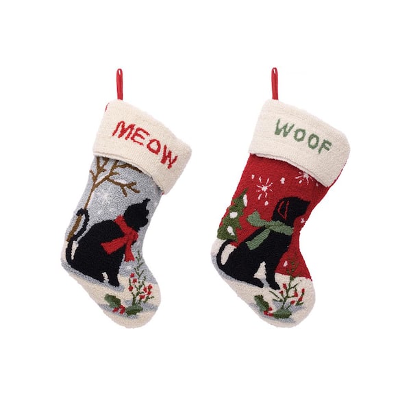 Glitzhome 21 in. Polyester and Acrylic Hooked Cat and Dog Stocking (2-Pack)