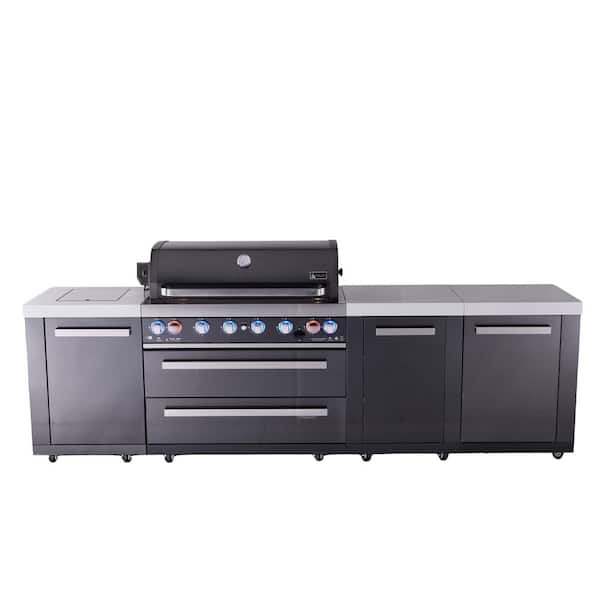 Black 6-Burner 119 in. x 23 in. Outdoor Kitchen with Side Burner Propane Natural Gas BBQ Grill Island in Stainless Steel