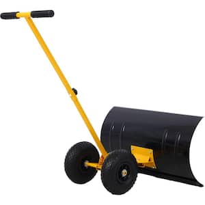 10 in. Metal Handle Sheet Snow Shovel Yellow Cushioned Adjustable Angle Steel with Wheels