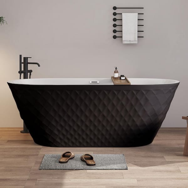 Acrylic Flat Bottom Soaking Oval Bathtub with Diamond Pattern Design and Pop-Up Drain in Black 67 in. x 31.5 in.