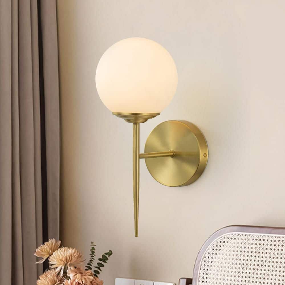 Nimbus 1-Light Cone-Shaped in Brushed Brass Gold Finish Bedroom Hallway Wall Sconce with Globe Milk Glass price history on PriceWatchPro
