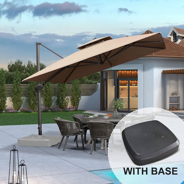 PURPLE LEAF 11 ft. Square 2-Tier Aluminum Cantilever 360° Rotation Patio Umbrella with Wheels Base, Taupe