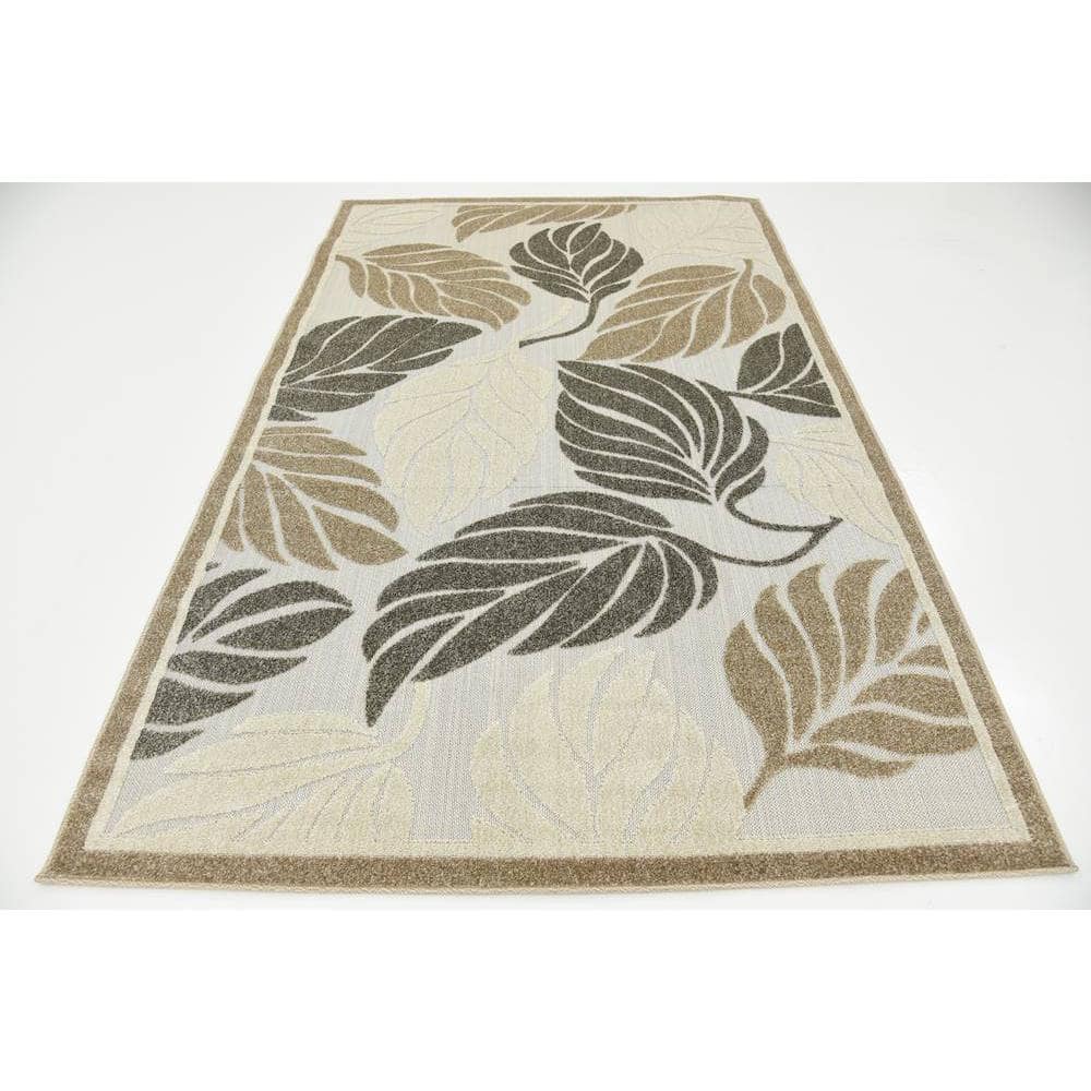 Beige and Brown Synthetic Abstract Outdoor Rectangular Rug