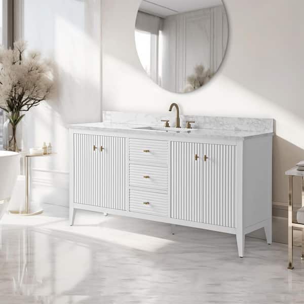 60 in. W x 22 in D x 38 in. H Single Sink Bath Vanity Cabinet in Linear White with White Engineered Marble Top