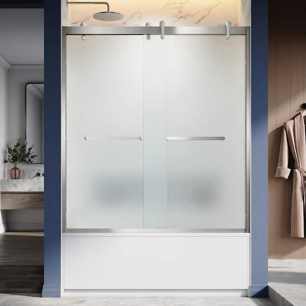 UNIKOO UKD08 60 in. W x 66 in. H Double Sliding Semi-Frameless Bathtub Door in Brushed Nickel with EnduroShield Etched Glass