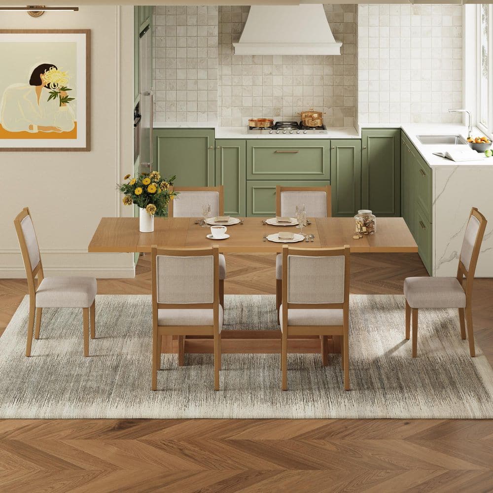 Ildora Modern Rustic 7-Piece Rectangle Natural Finish and Beige Wood Top Dining Table Set with Removable Leaf, 6 Seats