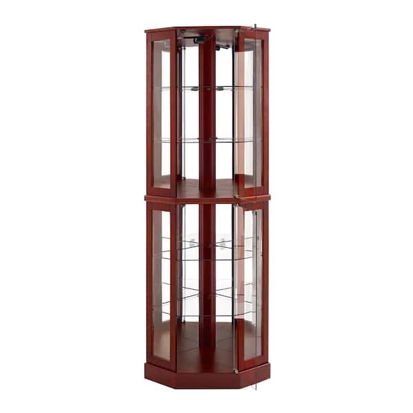Cherry 72 in. Corner Curio Display Cabinet with Lights, Mirrors, 6 Shelves and Adjustable Glass Shelves