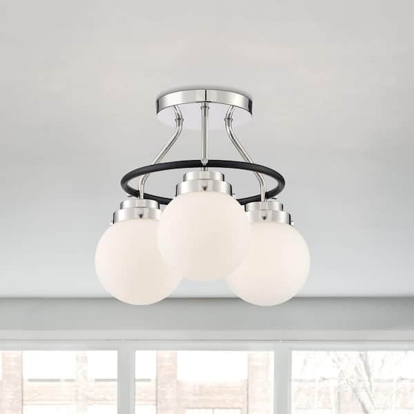 Designers Fountain Elle 14 in. 3-Light Polished Nickel Modern Entryway Semi-Flush Mount with Opal Glass Shades